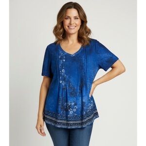 FANTASLOOK Floral Short Sleeve Tee, Women’s Size L, Blue Black White